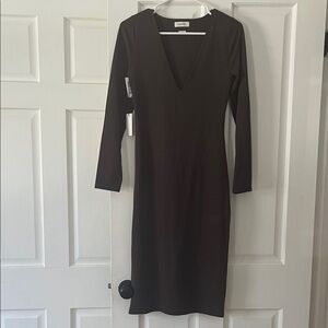 Babaton Black Long-Sleeve V-Neck Midi Dress